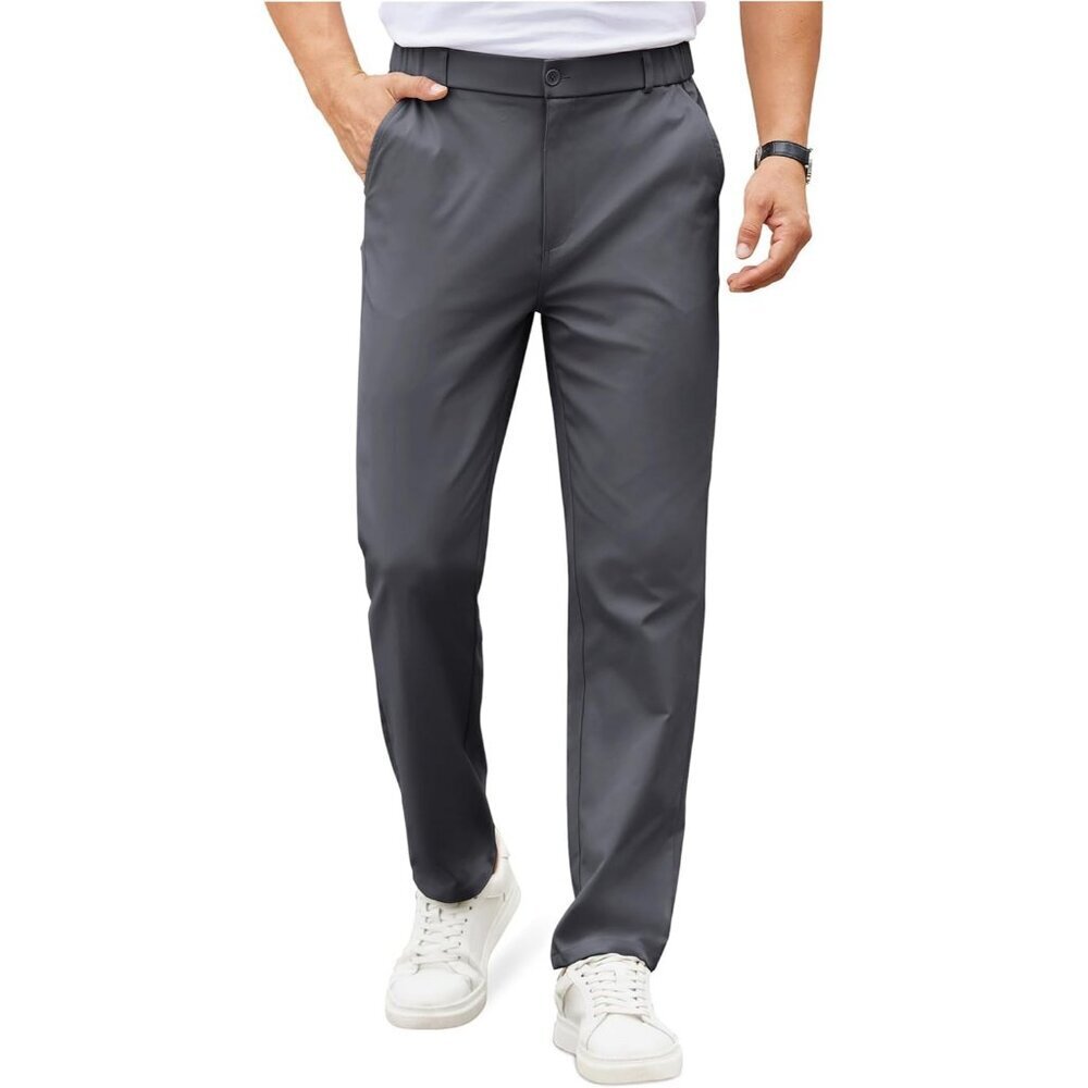Coofandy Men Dark Grey Elastic Waist Business Dress Pants with Pockets
